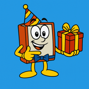 Festbogens maskot med partyhat og gave