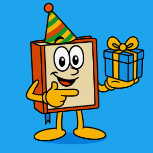 Festbogens maskot med partyhat og gave