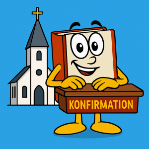 Festbogens maskot foran kirken til konfirmation
